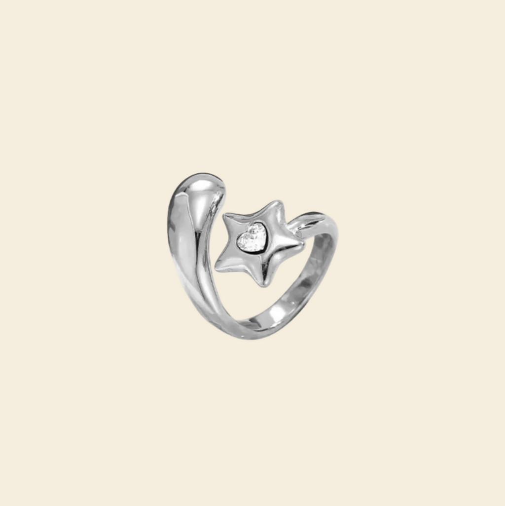 Silver ring with star design on a white background