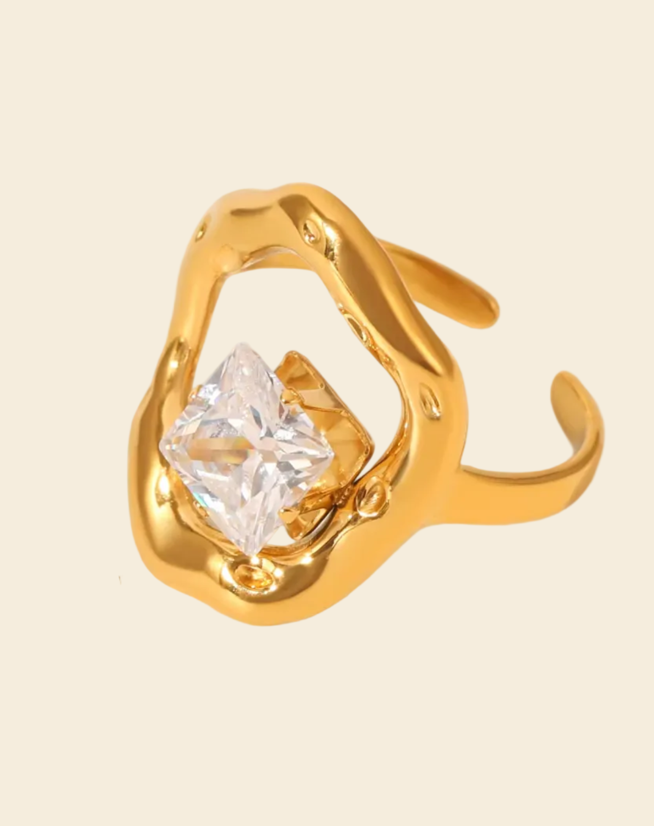 Gold ring with a diamond and measurements on a white background